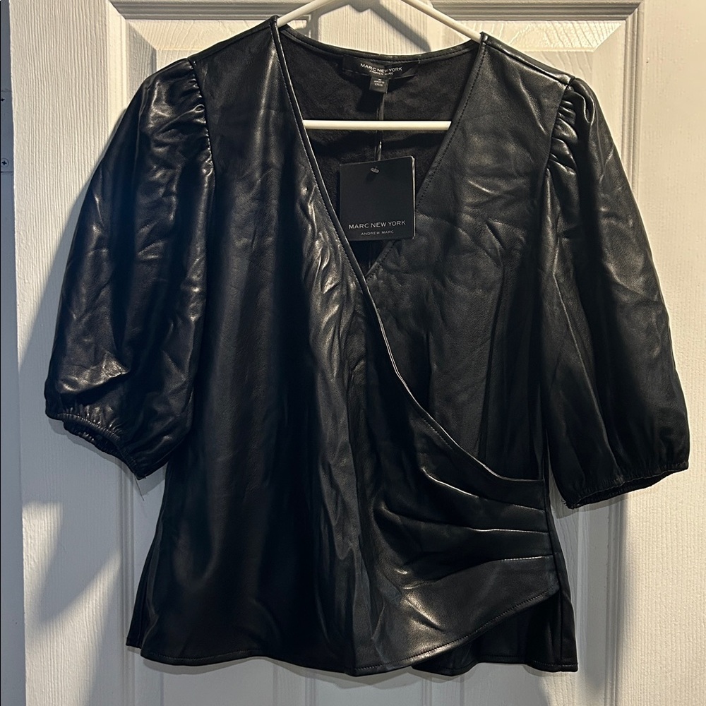 Marc New York Black Faux Leather Wrap Top